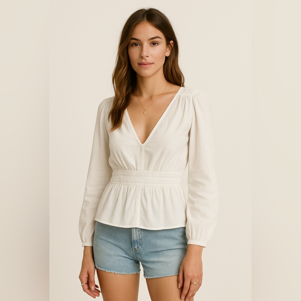 GAP White Ruched Peplum Blouse